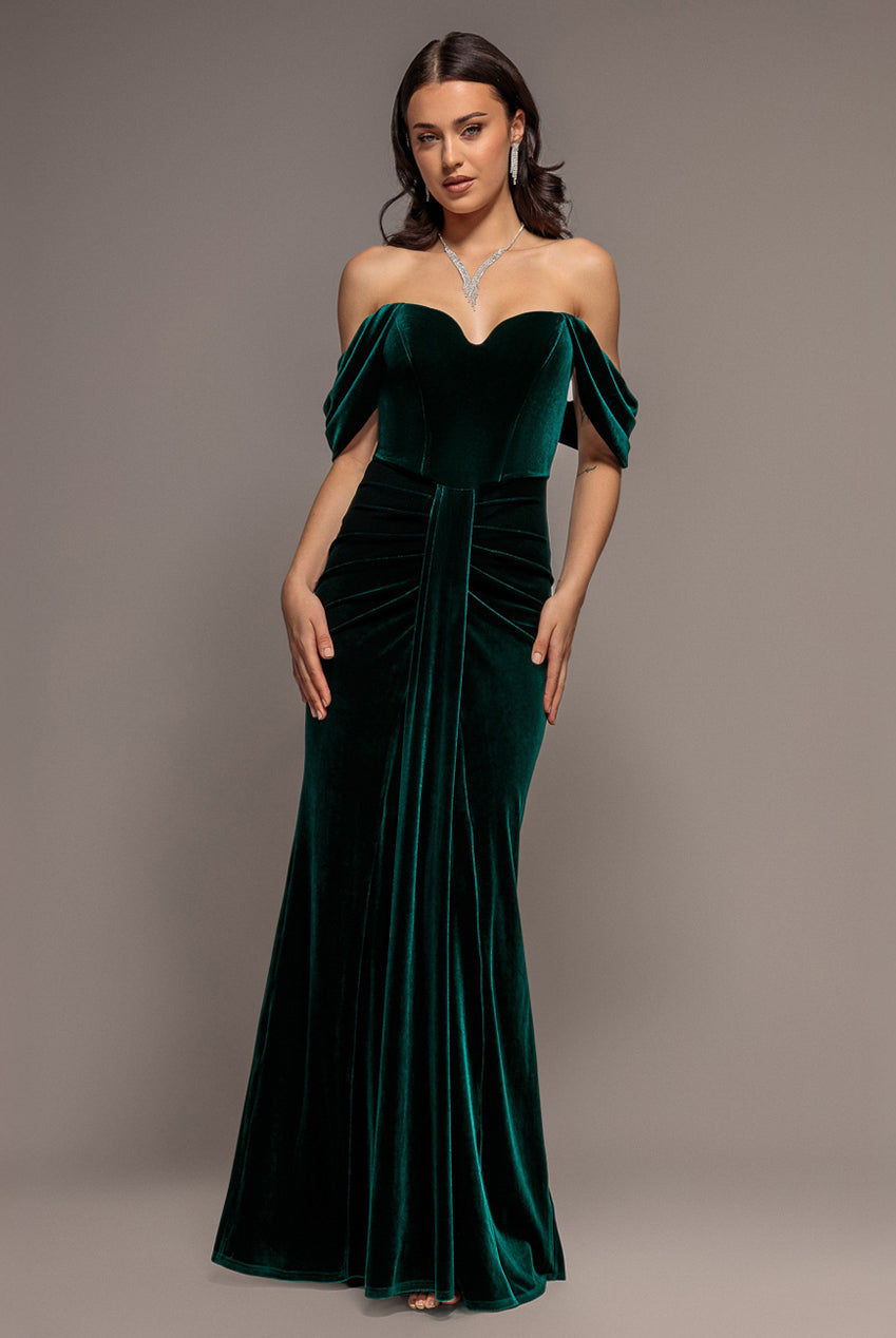 Off Shoulder Bardot Draped Velvet Maxi Dress - Emerald Green DR5194