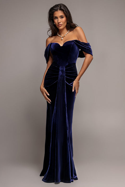 Off Shoulder Bardot Draped Velvet Maxi Dress - Indigo by Goddiva