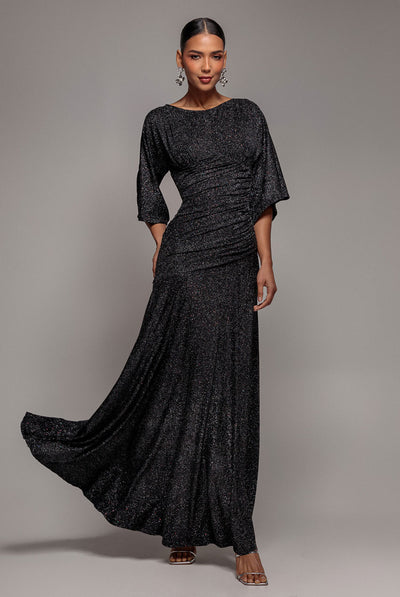 Black - Lurex Kimono Sleeve Gathered Waist Maxi Dress - Black by Goddiva