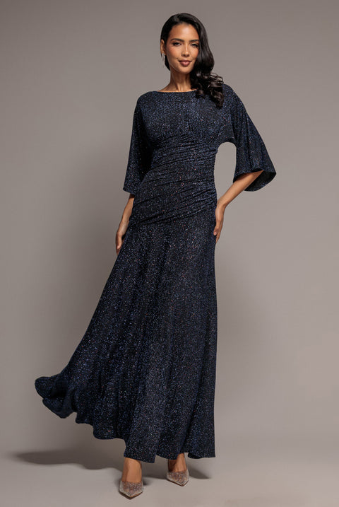 Lurex Kimono Sleeve Gathered Waist Maxi Dress - Navy Blue by Goddiva