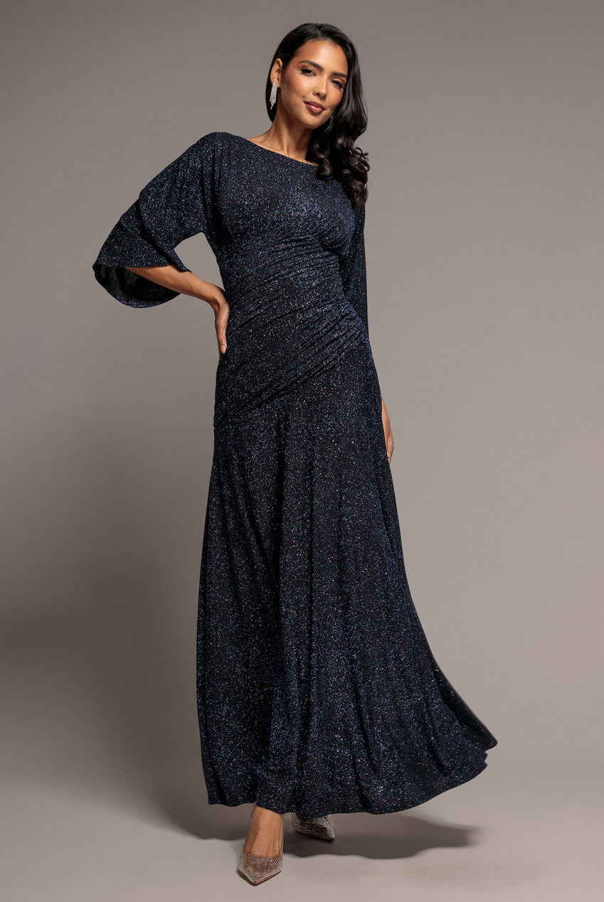 Lurex Kimono Sleeve Gathered Waist Maxi Dress - Navy Blue DR5196