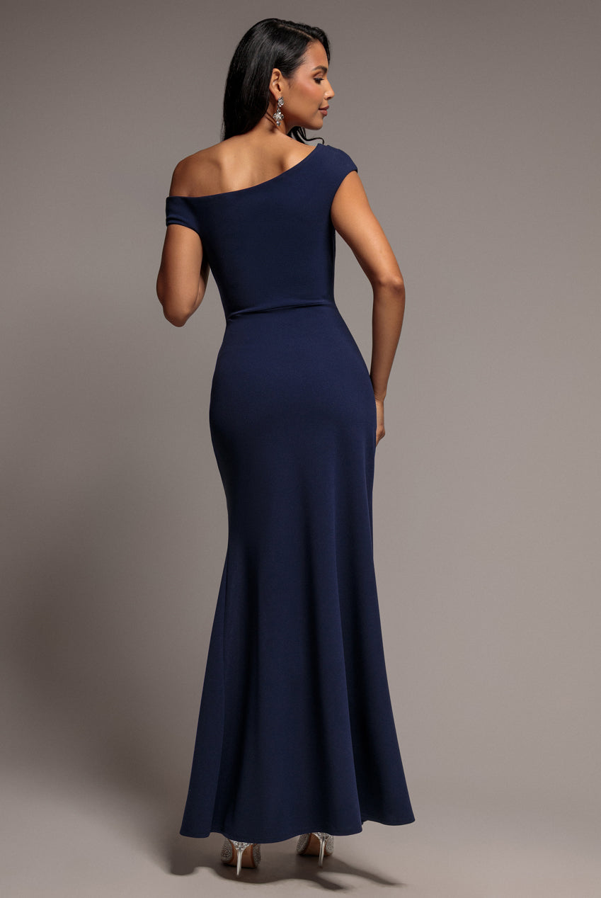 Asymmetric One Shoulder Front Split Scuba Crepe Maxi Dress - Navy Blue DR5200