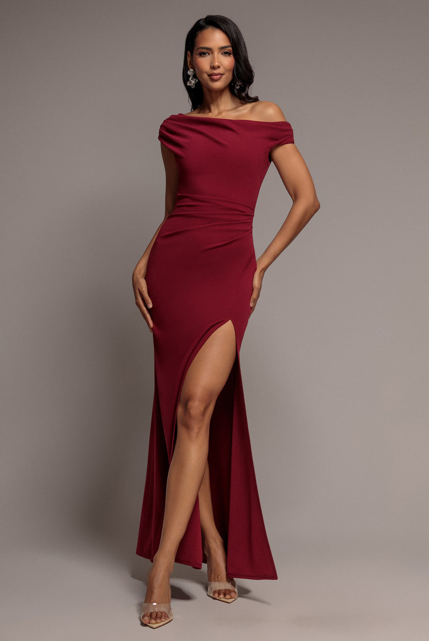 Asymmetric One Shoulder Front Split Scuba Crepe Maxi Dress - Burgundy DR5200