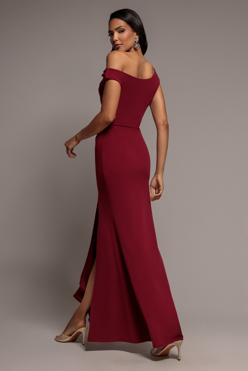 Asymmetric One Shoulder Front Split Scuba Crepe Maxi Dress - Burgundy DR5200
