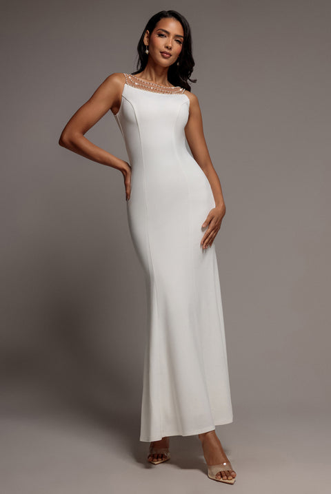 Diamante Pearl Neck Scuba Crepe Sleeveless Maxi Dress - White by Goddiva