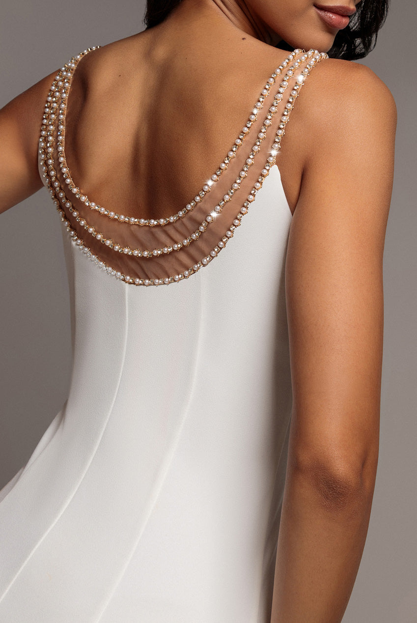 Diamante Pearl Neck Scuba Crepe Sleeveless Maxi Dress - White DR5210