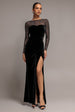 Diamante Sleeves Illusion Neck Front Wrap Velvet Maxi Dress - Black by Goddiva