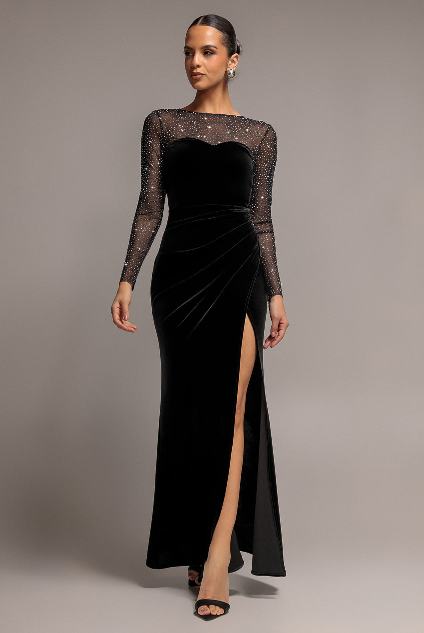 Diamante Sleeves Illusion Neck Front Wrap Velvet Maxi Dress - Black DR5221