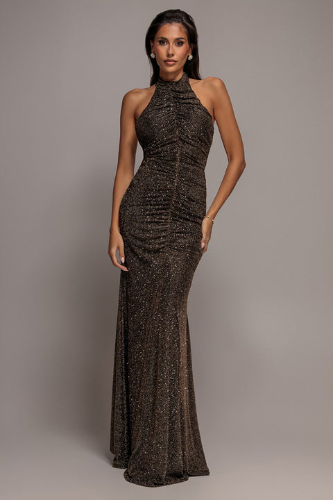 Halter Neck Front Gathered Backless Glitter Maxi Dress - Gold by Goddiva