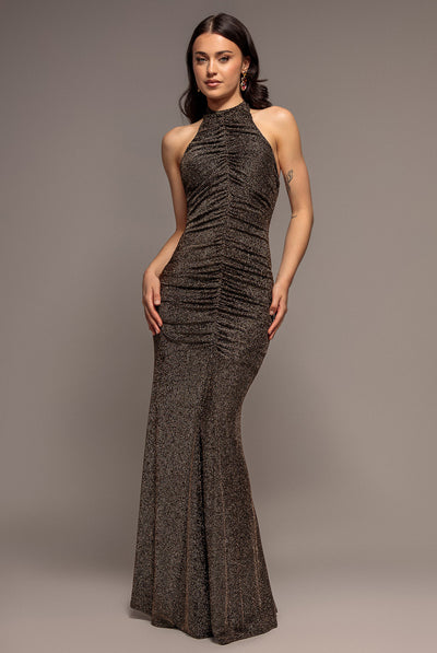 Gold - Halter Neck Front Gathered Backless Glitter Maxi Dress - Gold by Goddiva