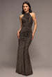 Halter Neck Front Gathered Backless Glitter Maxi Dress - Gold by Goddiva