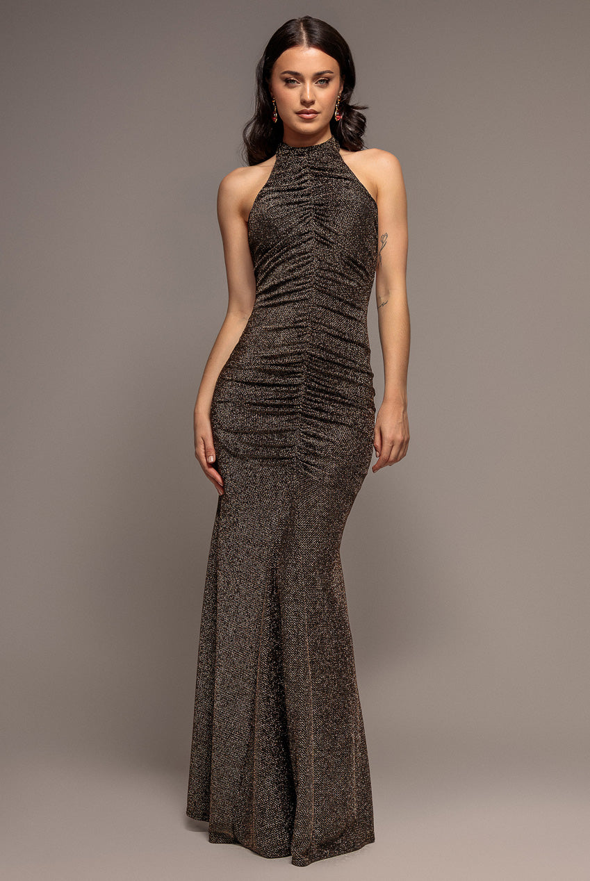 Halter Neck Front Gathered Backless Glitter Maxi Dress - Gold DR5230