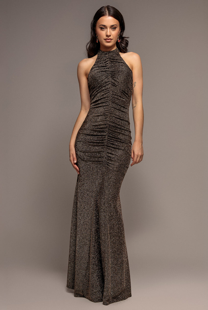 Halter Neck Front Gathered Backless Glitter Maxi Dress - Gold DR5230