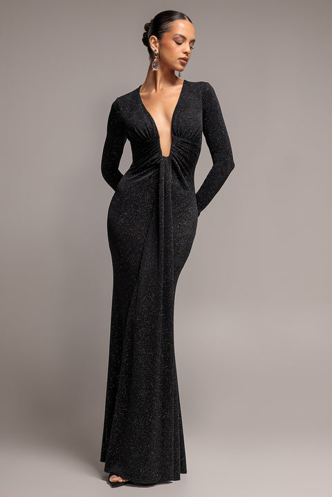 Plunge Neck Long Sleeve Front Draped Lurex Maxi Dress - Black by Goddiva
