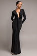 Plunge Neck Long Sleeve Front Draped Lurex Maxi Dress - Black by Goddiva