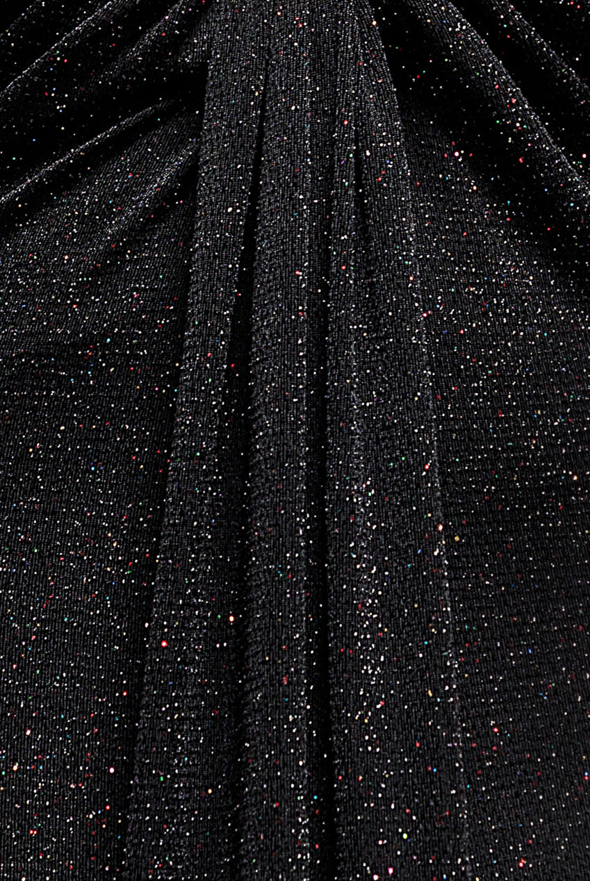 Plunge Neck Long Sleeve Front Draped Lurex Maxi Dress - Black DR5231