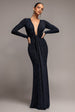 Plunge Neck Long Sleeve Front Draped Lurex Maxi Dress - Navy Blue by Goddiva