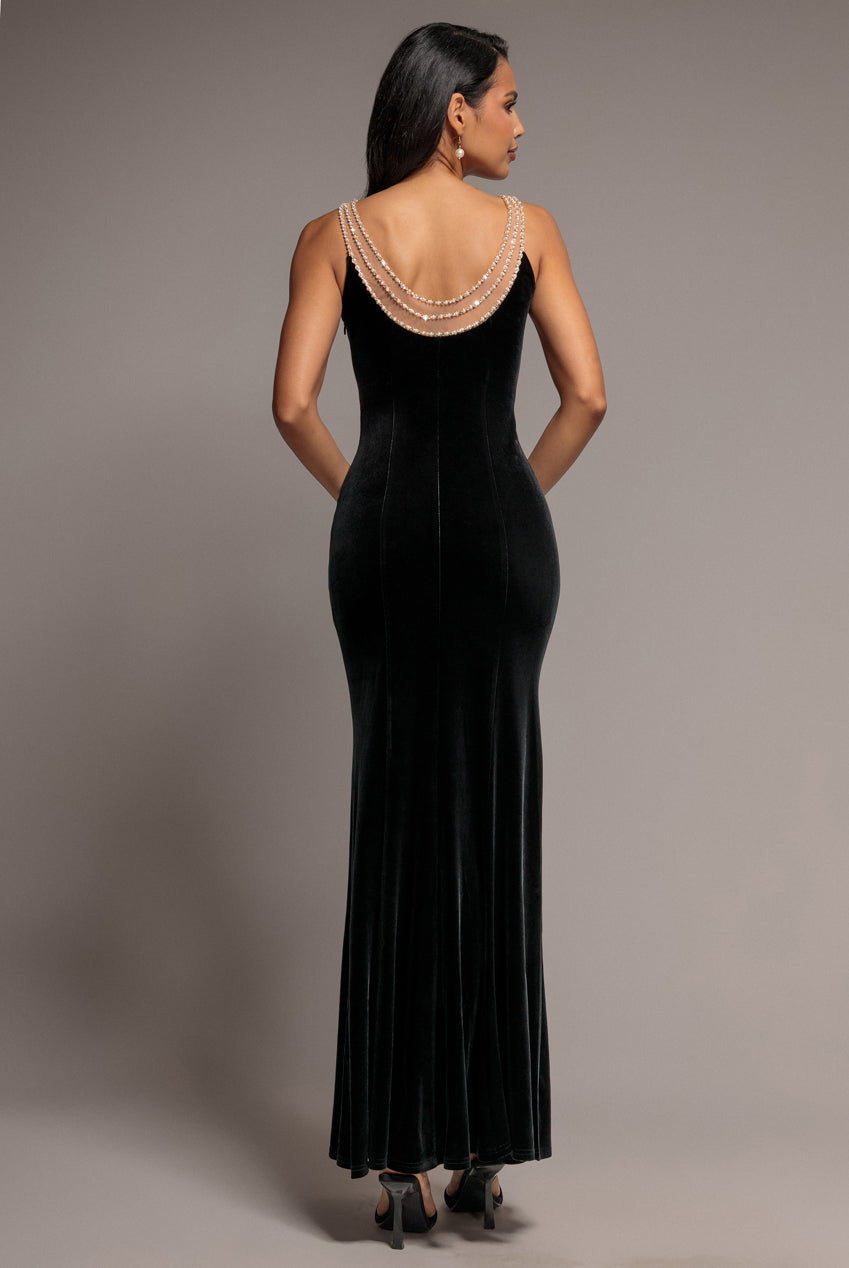 Pearl Diamante Neck Velvet Maxi Dress - Black DR5234