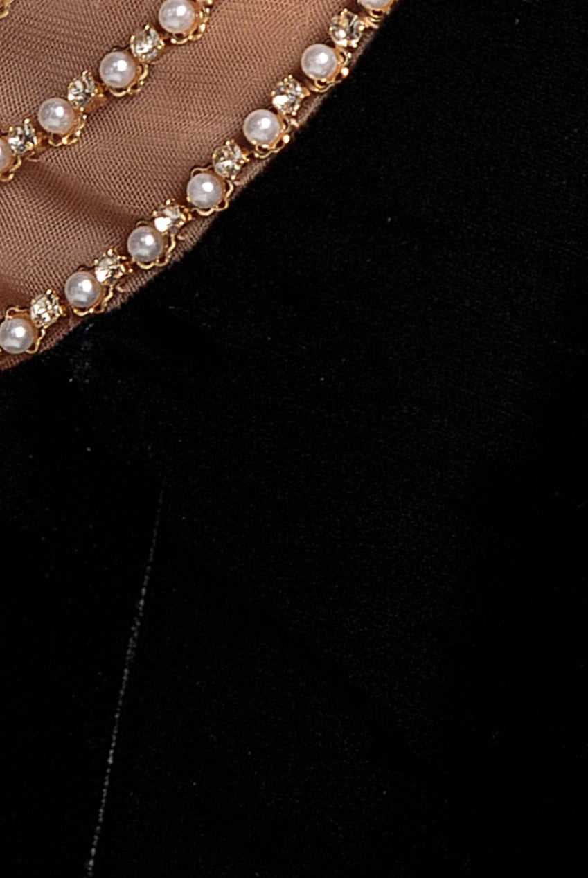 Pearl Diamante Neck Velvet Maxi Dress - Black DR5234