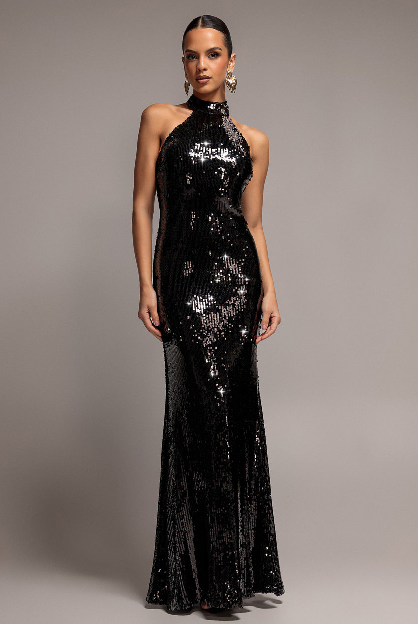 Sequin Open Back Halter Neck Maxi Dress - Black DR5237