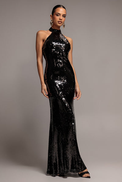 Sequin Open Back Halter Neck Maxi Dress - Black by Goddiva