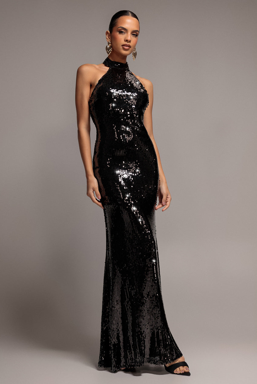 Sequin Open Back Halter Neck Maxi Dress - Black DR5237