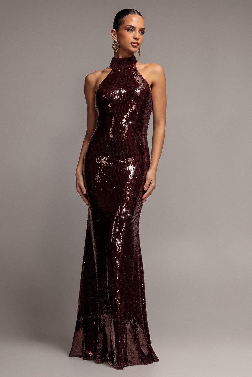 Sequin Open Back Halter Neck Maxi Dress - Burgundy DR5237