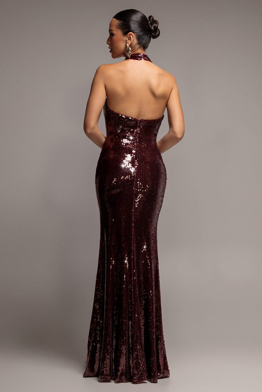 Sequin Open Back Halter Neck Maxi Dress - Burgundy DR5237