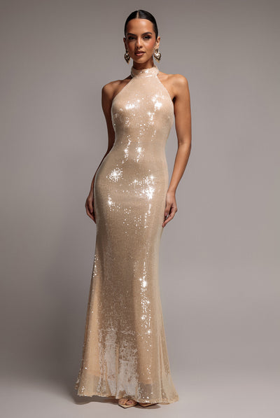 Sequin Open Back Halter Neck Maxi Dress - Nude by Goddiva