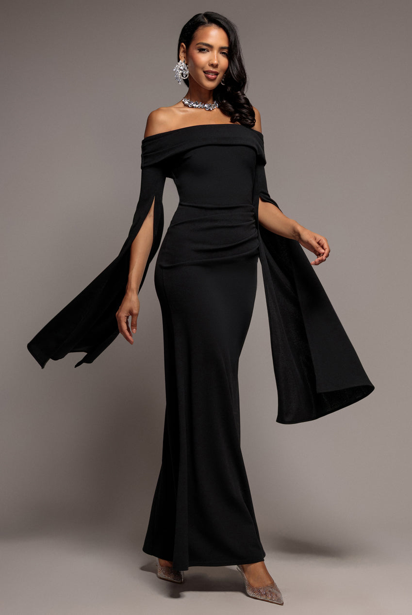 Off Shoulder Bardot Maxi Dress With  Split Cape Sleeves - Black DR5254
