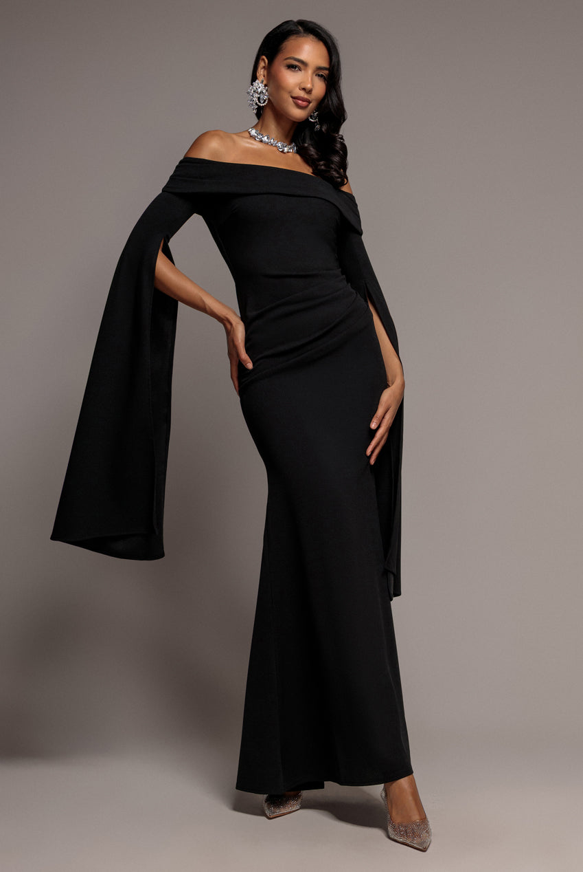 Off Shoulder Bardot Maxi Dress With  Split Cape Sleeves - Black DR5254