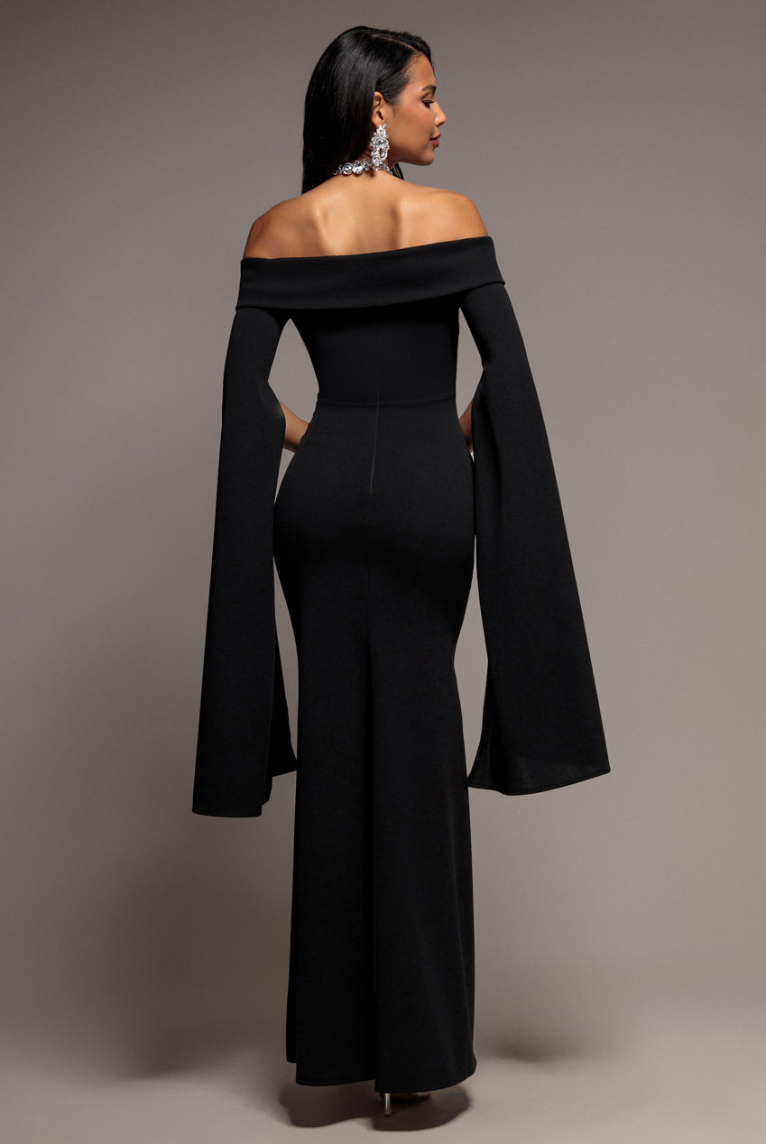 Off Shoulder Bardot Maxi Dress With  Split Cape Sleeves - Black DR5254