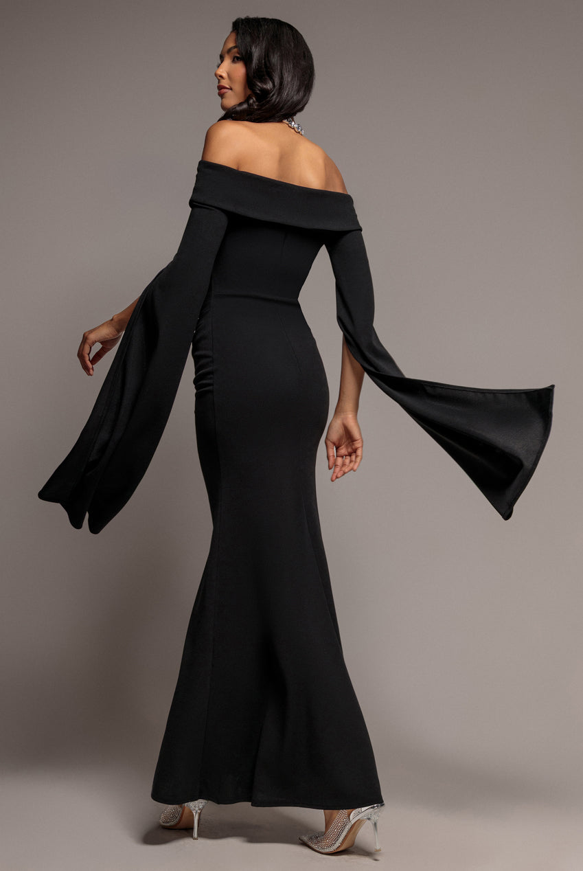 Off Shoulder Bardot Maxi Dress With  Split Cape Sleeves - Black DR5254