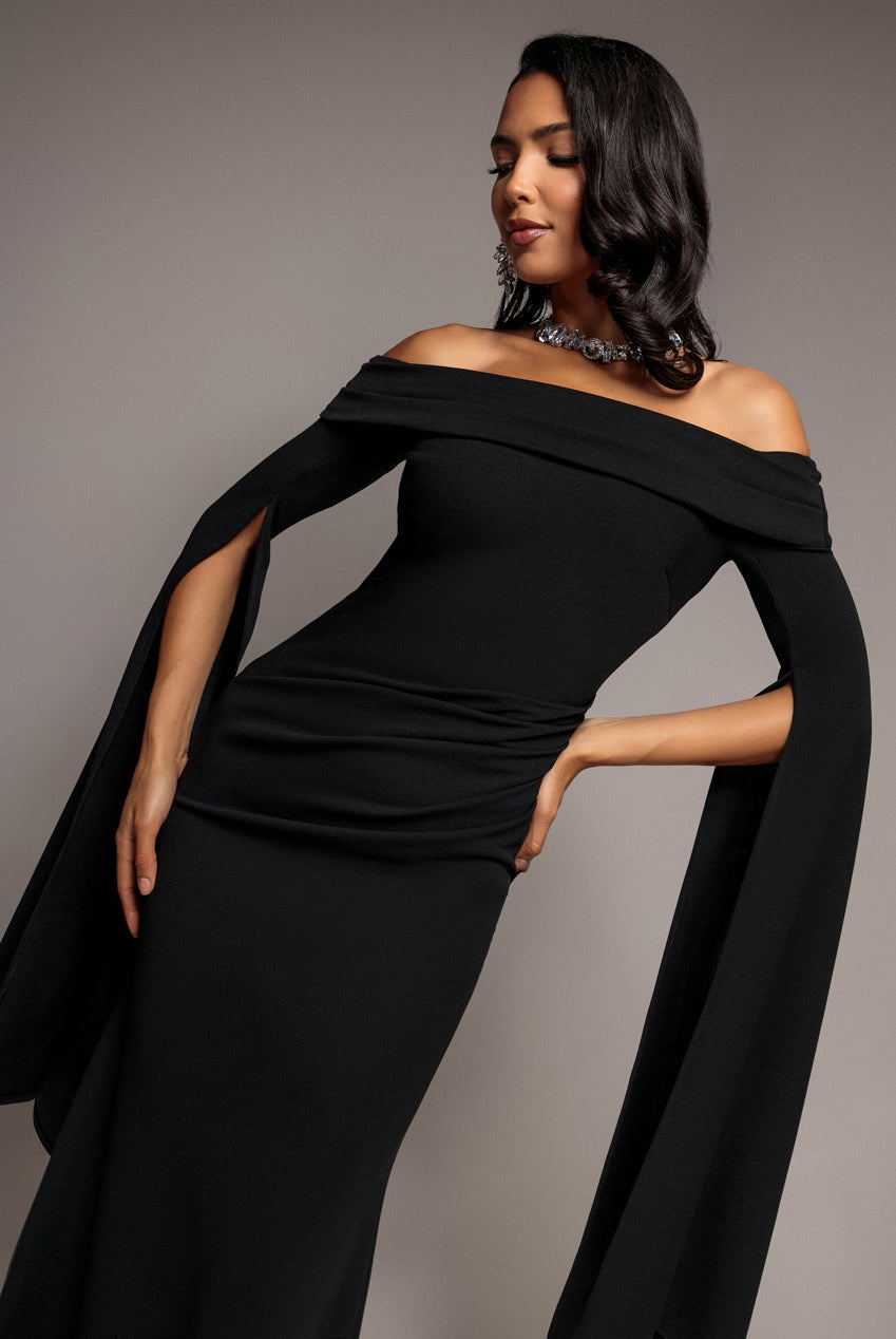 Off Shoulder Bardot Maxi Dress With  Split Cape Sleeves - Black DR5254