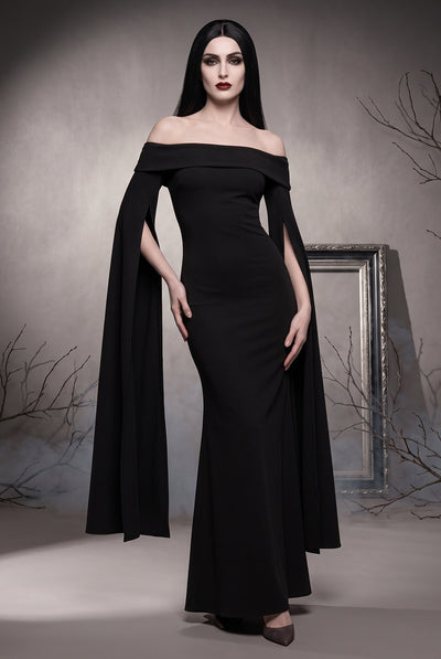 Long Cape Sleeve Maxi Morticia Addams -Inspired Halloween Costume - Black by Goddiva