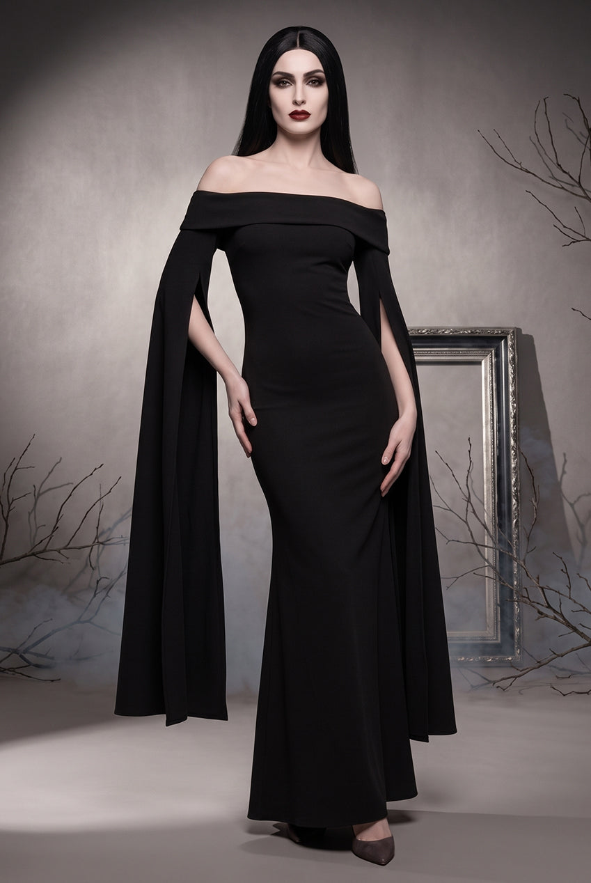 Long Cape Sleeve Maxi Morticia Addams -Inspired Halloween Costume - Black DR5254-HAL