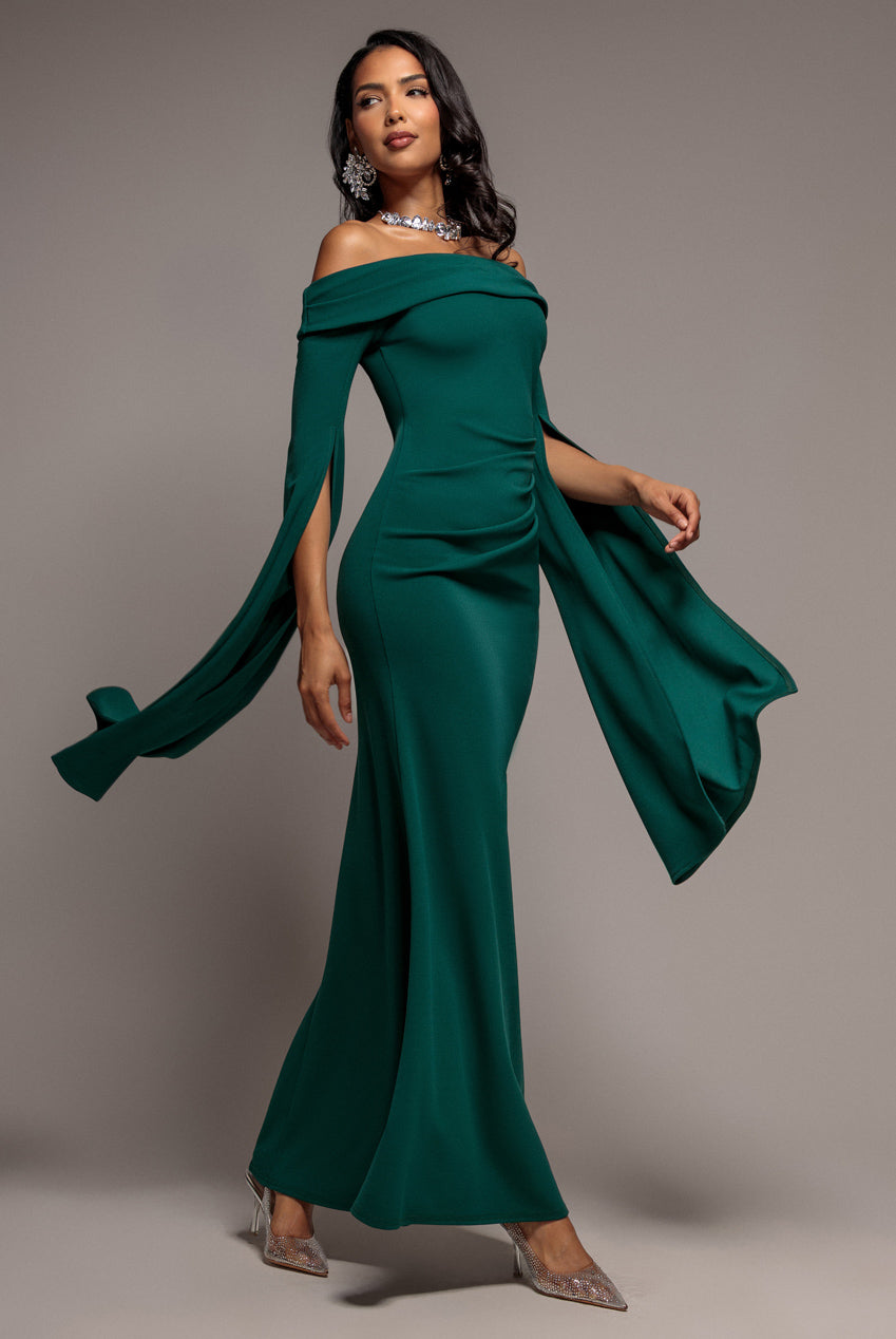 Off Shoulder Bardot Maxi Dress With  Split Cape Sleeves - Emerald Green DR5254