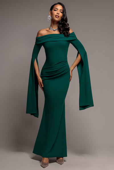 Emerald - Off Shoulder Bardot Maxi Dress With  Split Cape Sleeves - Emerald Green by Goddiva