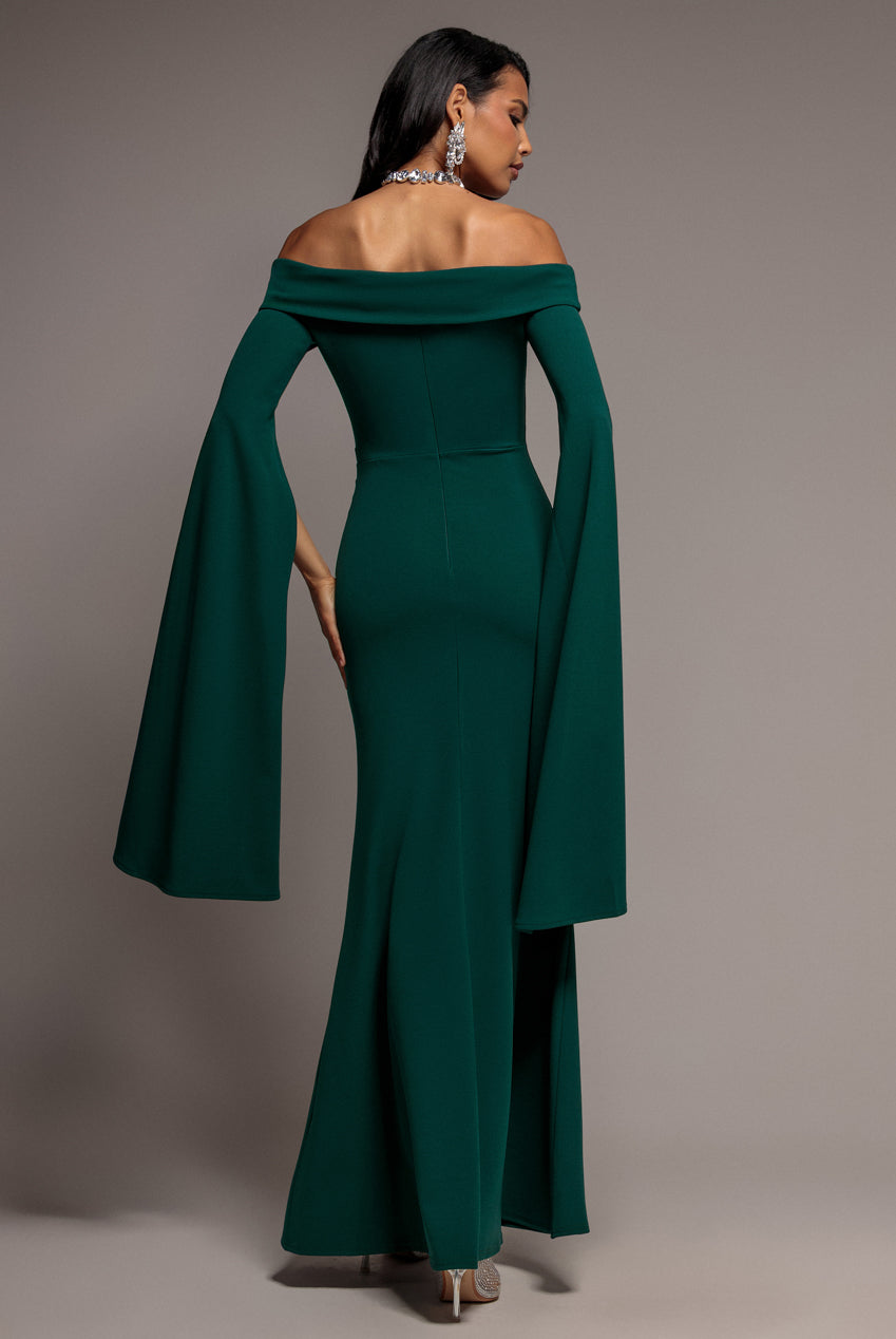 Off Shoulder Bardot Maxi Dress With  Split Cape Sleeves - Emerald Green DR5254