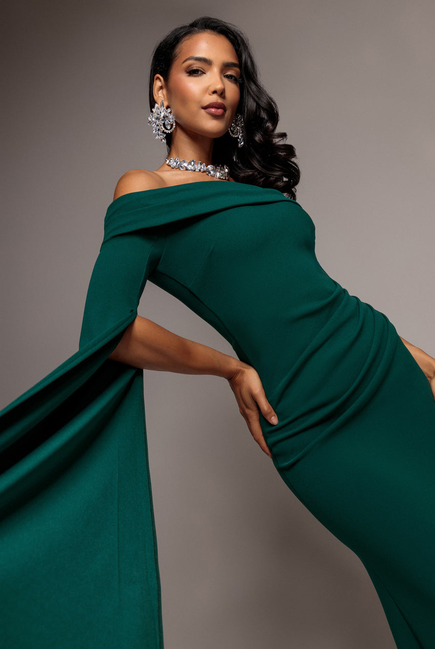 Off Shoulder Bardot Maxi Dress With  Split Cape Sleeves - Emerald Green DR5254