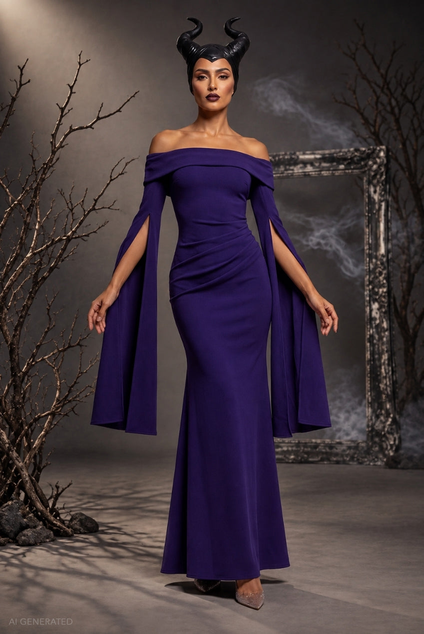 Long Cape Sleeve Maxi Maleficent-Inspired Halloween Costume - Deep Purple DR5254-HAL