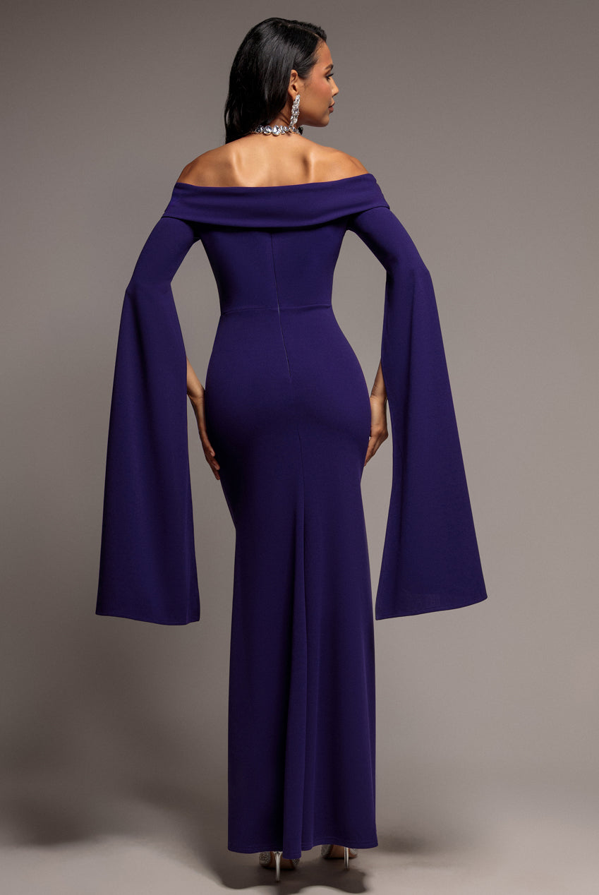 Off Shoulder Bardot Maxi Dress With  Split Cape Sleeves - Deep Purple DR5254