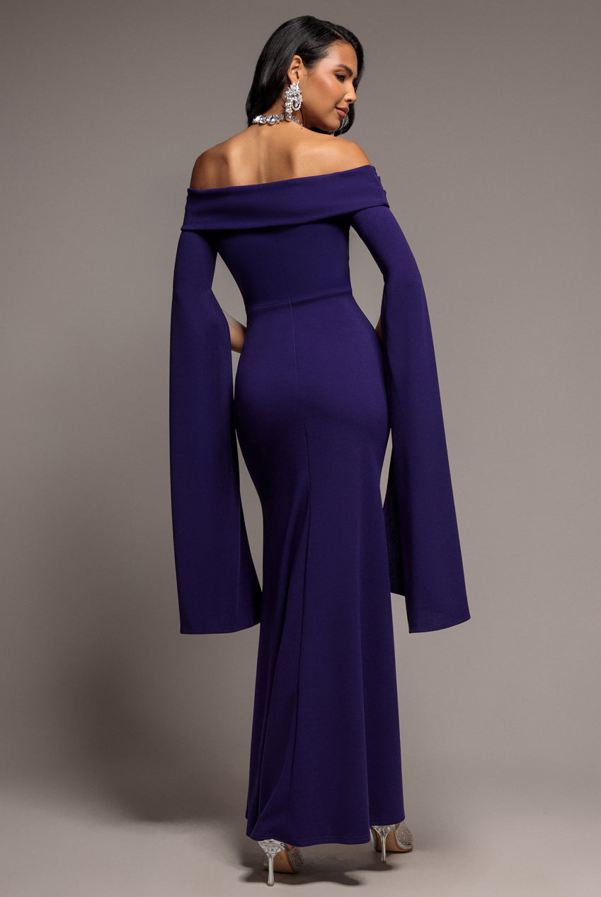 Off Shoulder Bardot Maxi Dress With  Split Cape Sleeves - Deep Purple DR5254