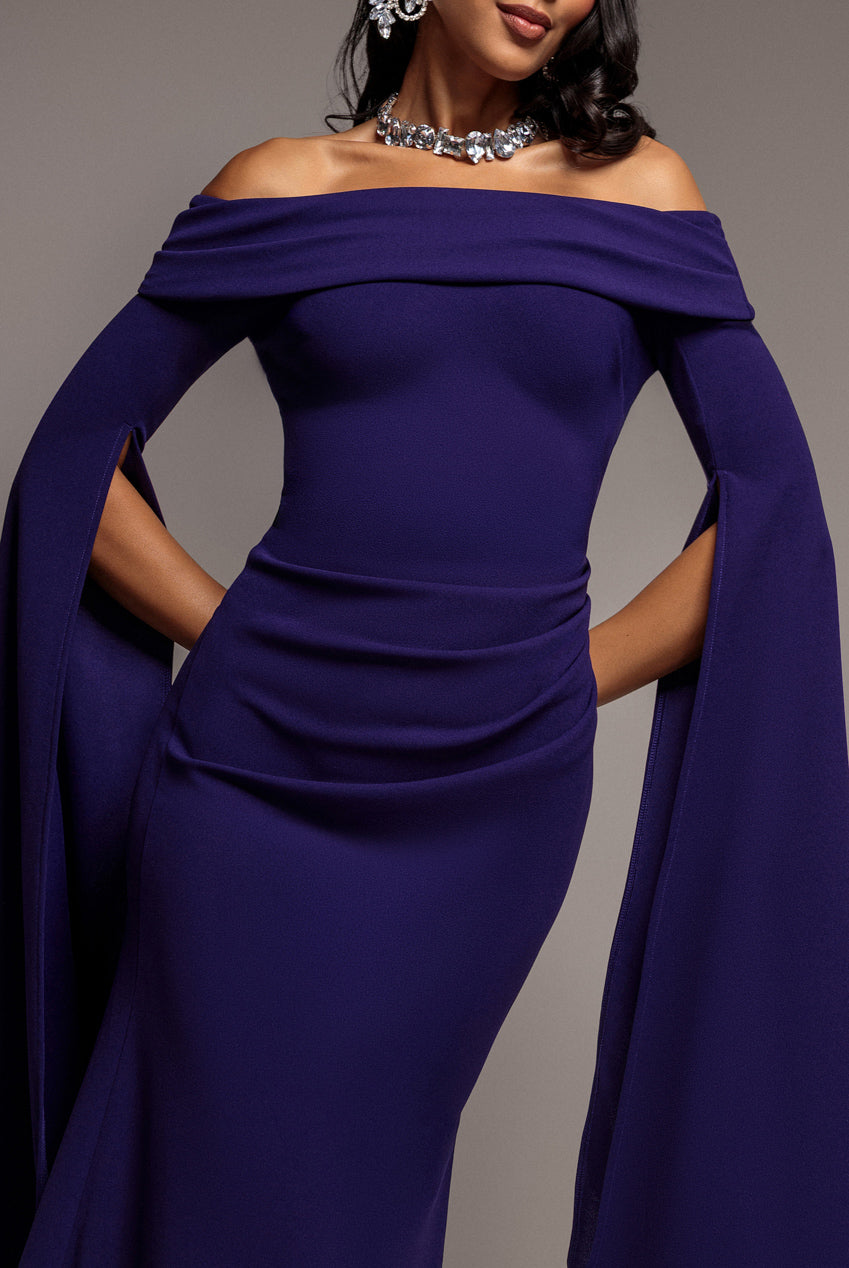 Off Shoulder Bardot Maxi Dress With  Split Cape Sleeves - Deep Purple DR5254