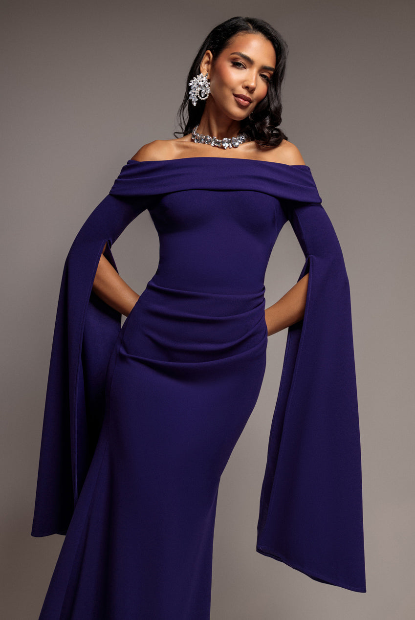Off Shoulder Bardot Maxi Dress With  Split Cape Sleeves - Deep Purple DR5254