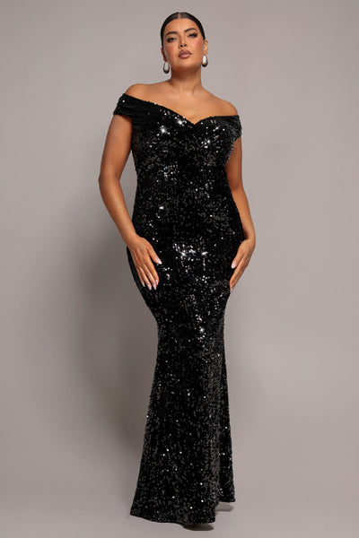 Wrap Velvet Sequin Maxi Dress - Black by Goddiva Plus