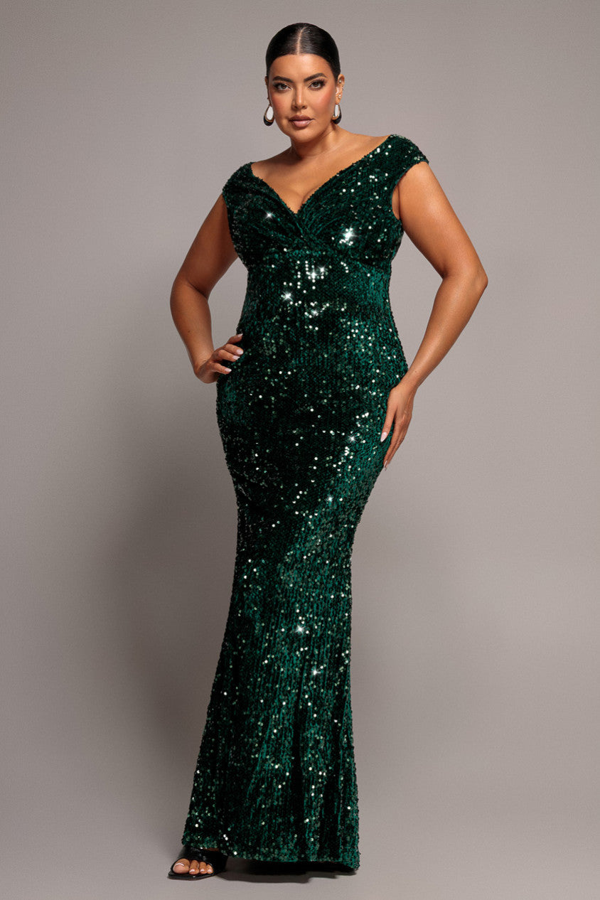 Wrap Velvet Sequin Maxi Dress - Emerald Green DR5256PLUS