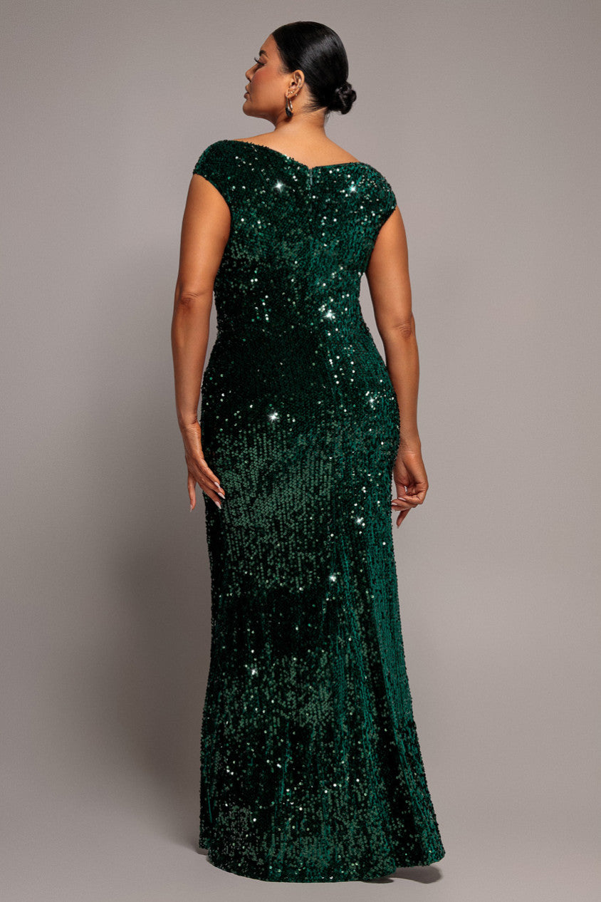 Wrap Velvet Sequin Maxi Dress - Emerald Green DR5256PLUS