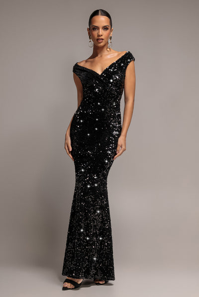 Sequin & Velvet Off The Shoulder Wrap Maxi Dress - Black by Goddiva