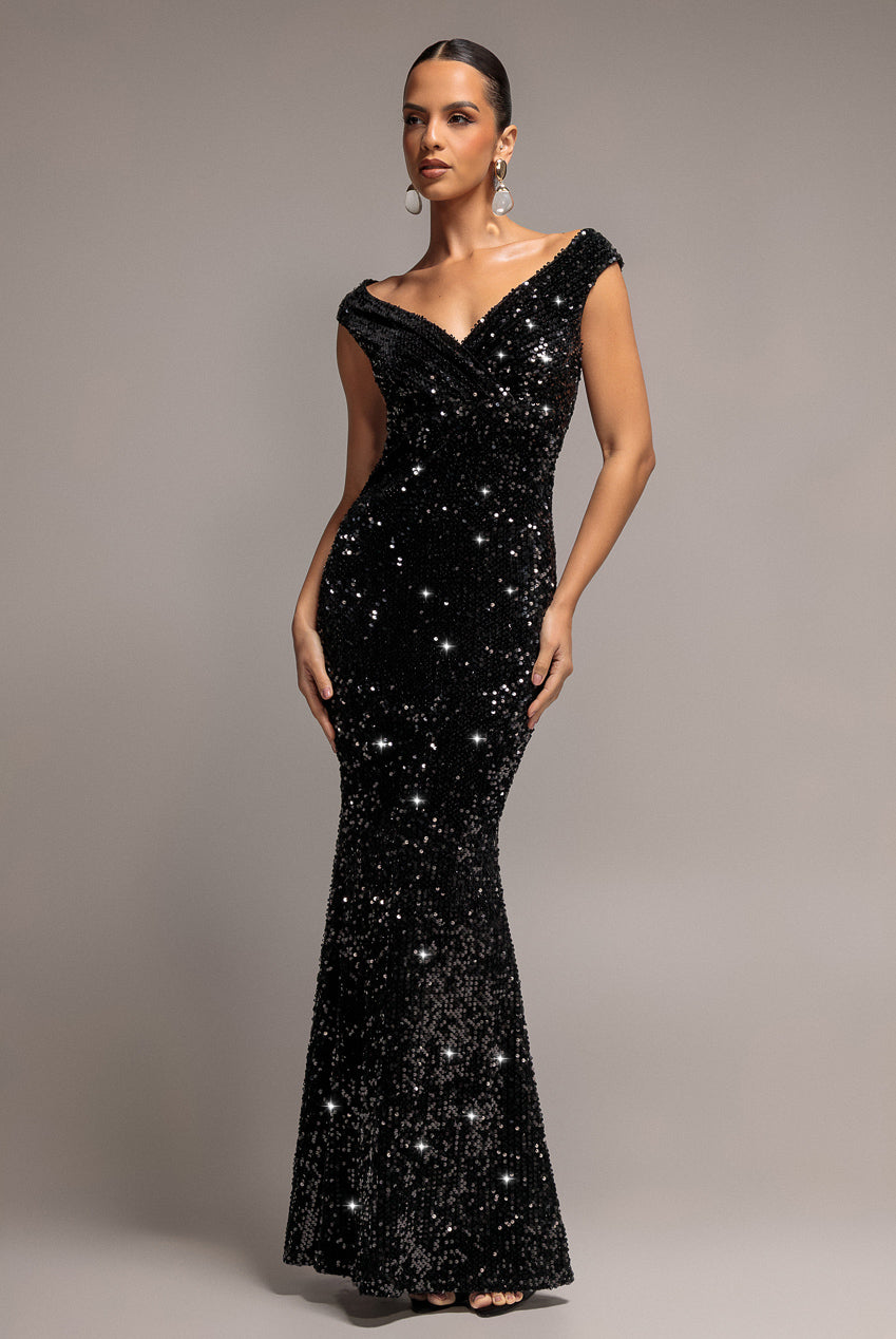 Sequin & Velvet Off The Shoulder Wrap Maxi Dress - Black DR5256